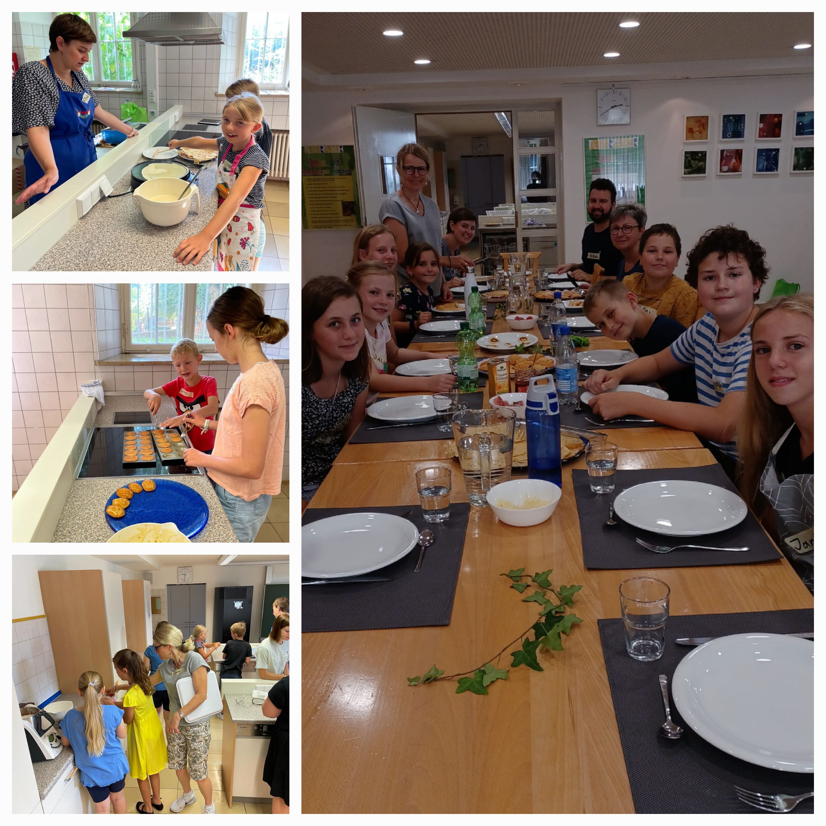 Dans la cuisine, les enfants pâtissent avec application, avant de déguster ensemble les gourmandises françaises autour de la grande table.